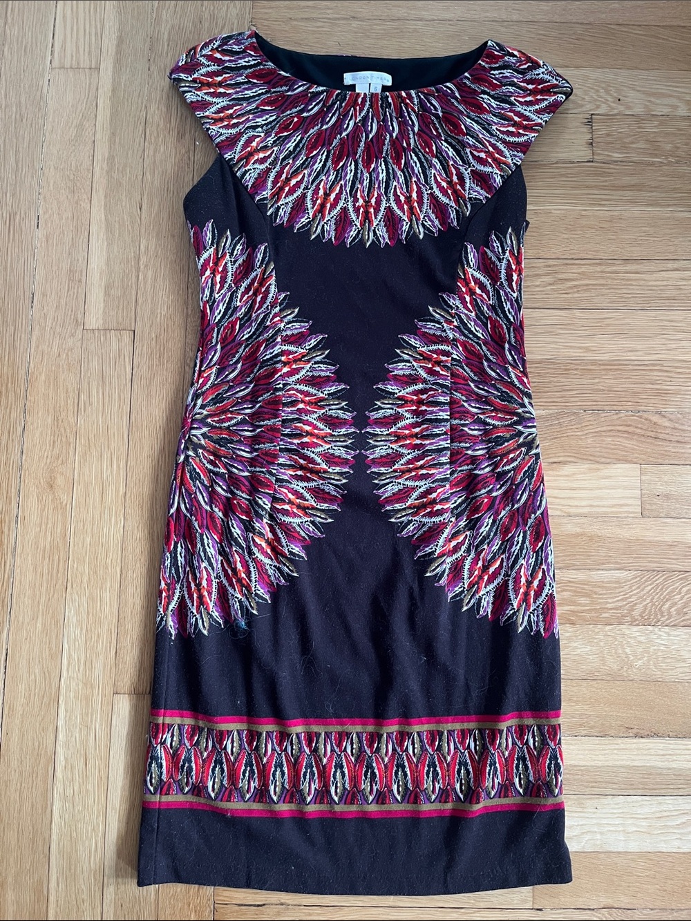 London Times Black Midi Dress with Red, Burgundy and Cream Designs